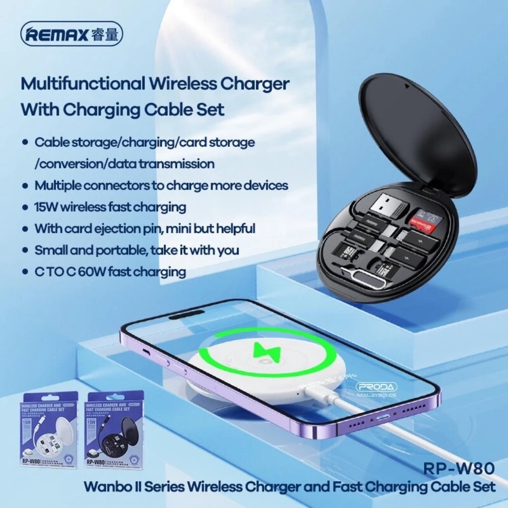 Remax Wireless Charger Fast Charging Cable Set RP-W80 Remax Wireless Charger Fast Charging Cable Set RP-W80